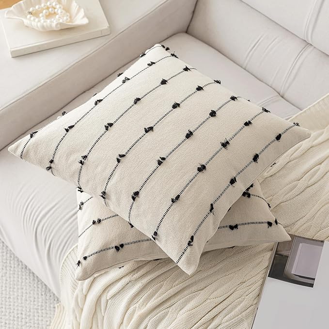 Boho Throw Pillow Covers 26x26 Set of 2 Modern Farmhouse Decorative Cushion Case Tufted Square Pillows Cover Neutral Pillow Cases Accent Pillowcase for Sofa,Couch,Bed,Beige and Black