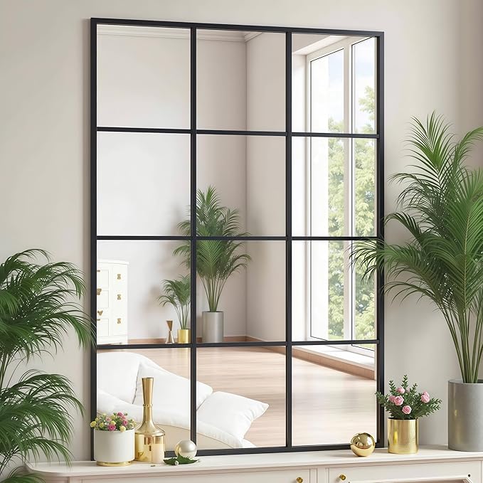 Rectangle Window Mirror Wall Mounted, 31"x47"in Window Pane Mirror Wall Decor Metal Framed, Large Black Mirrors for Bedroom Living Room Fireplace Entryway Hanging or Leaning Against Wall,Black