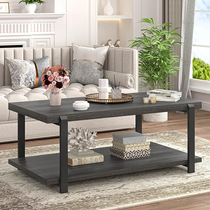 FOLUBAN Modern Coffee Table, Rustic Wood Center Table with Storage for Living Room, Dark Gray