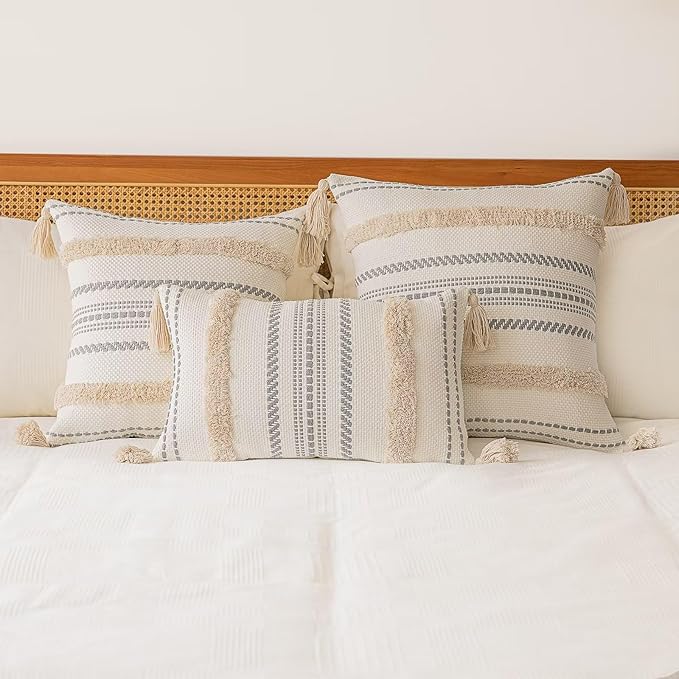Boho Throw Pillow Covers 12x20 Set of 2 Woven Tufted Farmhouse Pillows Cover with Tassels Textured Striped Cushion Case Lumbar Pillow Cases Decorative Pillowcase for Sofa, Couch, Bed, Khaki