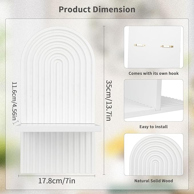 YIYA 2 Pcs Boho Wooden Rainbow Wall Shelves - Floating Shelves Modern Boho Wall Shelf for Living Rooms Bathroom Display (White)