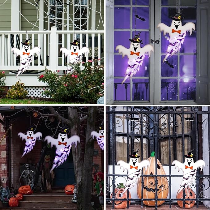 ILLUMINEW Solar Halloween Metal Hanging Decorations Outdoor, Solar Powered Lighted Metal Ghost for Halloween Outdoor Tree, Wall, Porch, Patio Decor (Ghost)