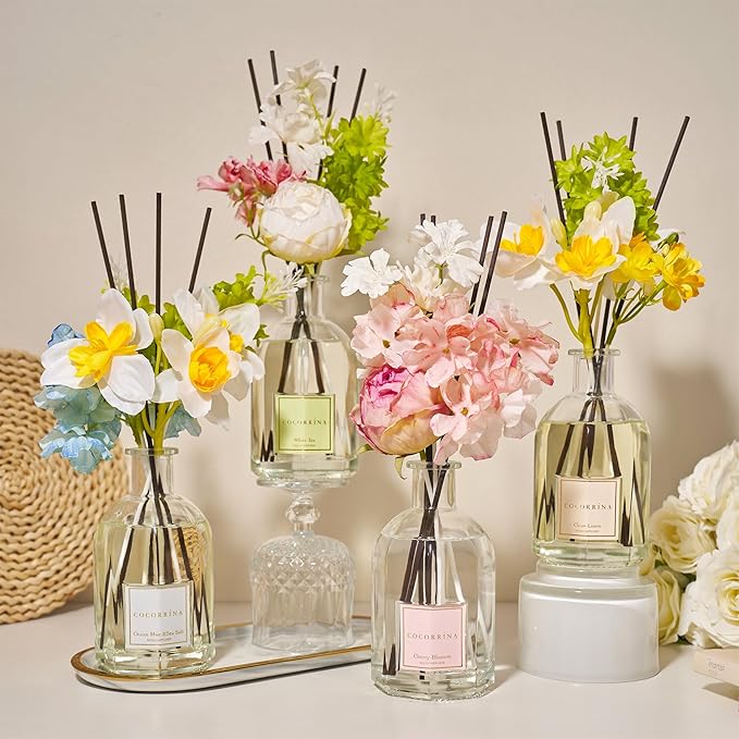 COCORRÍNA Reed Diffuser - Cherry Blossom 8.5 Fl.oz/ 250ml Flower Diffuser with 8 Sticks, Reed Diffusers for Home Bathroom Shelf Decor (Botanical Flower Collection)