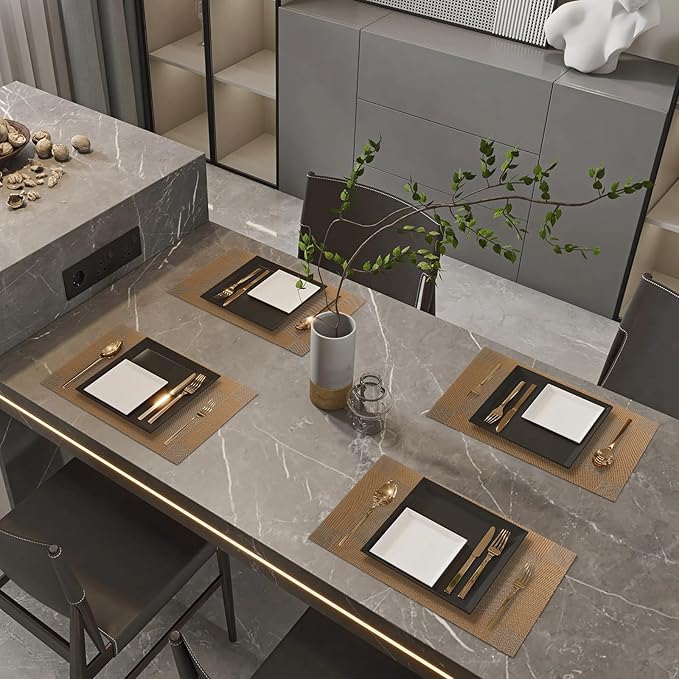 Brown Placemats Set of 8-Durable PVC Vinyl Woven Place Mats for Dining Table Heat Resistant Non-Slip Washable Indoor/Outdoor Table Mats 12 x 17 inch