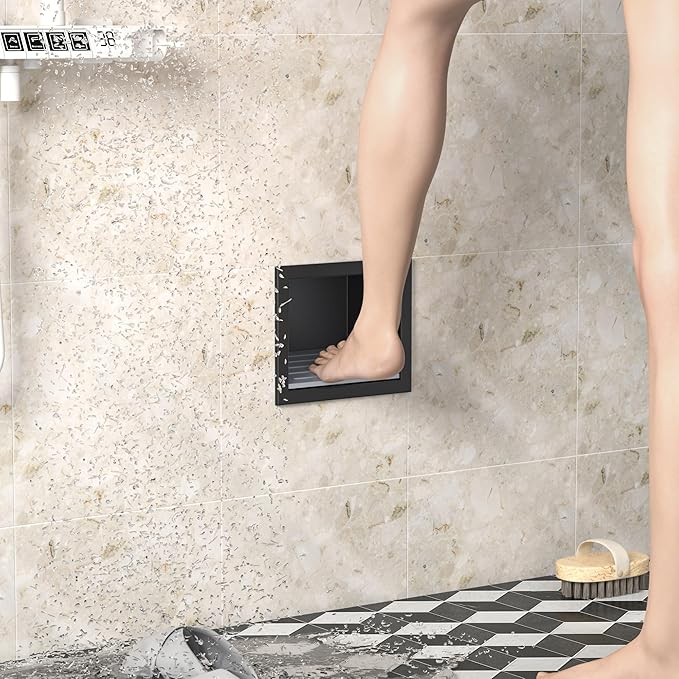 Shower Niche, 304 Stainless Steel Wall Niche Shower Stool for Bathroom, Recessed Shower Footrest w/Over Mount Installation, No Tile Needed (Matte Black, 4.8''x6'')