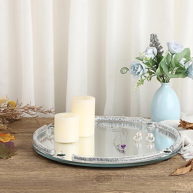 Hipiwe Glass Mirrored Tray, 11.8" Round Mirror Decorative Tray with Crushed Diamond Design for Jewelry, Cosmetics, Bathroom Countertop Makeup Organizer