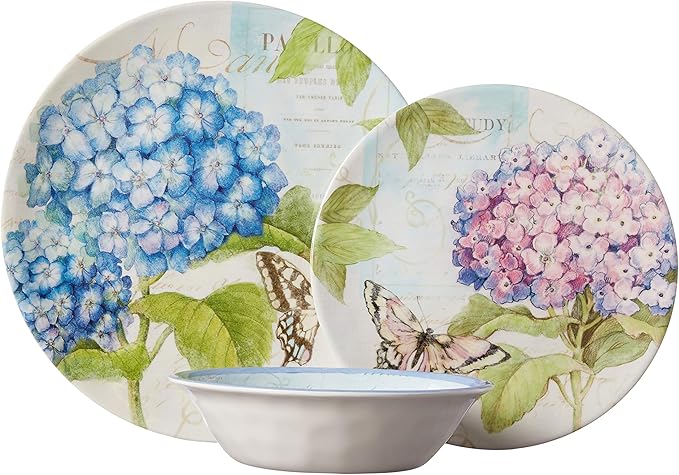 Hydrangea Garden 12 pc Melamine Dinnerware Set, Service for 4