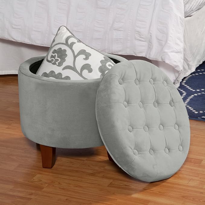 HomePop by Kinfine Fabric Upholstered Round Storage Ottoman - Velvet Button Tufted Ottoman with Removable Lid, Light Gray Small