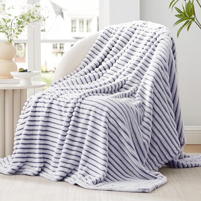 EXQ Home Fleece Throw Blanket for Couch or Bed - 3D Printed Stripe Jacquard Decorative Blankets - Cozy Soft Lightweight Fuzzy Flannel Blanket Suitable for All Seasons(50"×60",Purple)