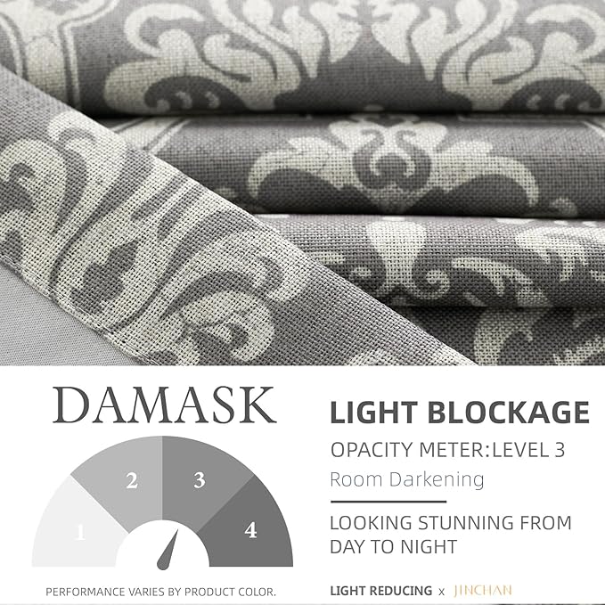jinchan Room Darkening Curtains for Bedroom Grey Damask Patterned Curtains 96 Inch Length for Living Room Linen Textured Vintage 8FT Long Drapes Medallion Window Treatments Grommet Top 2 Panels Set
