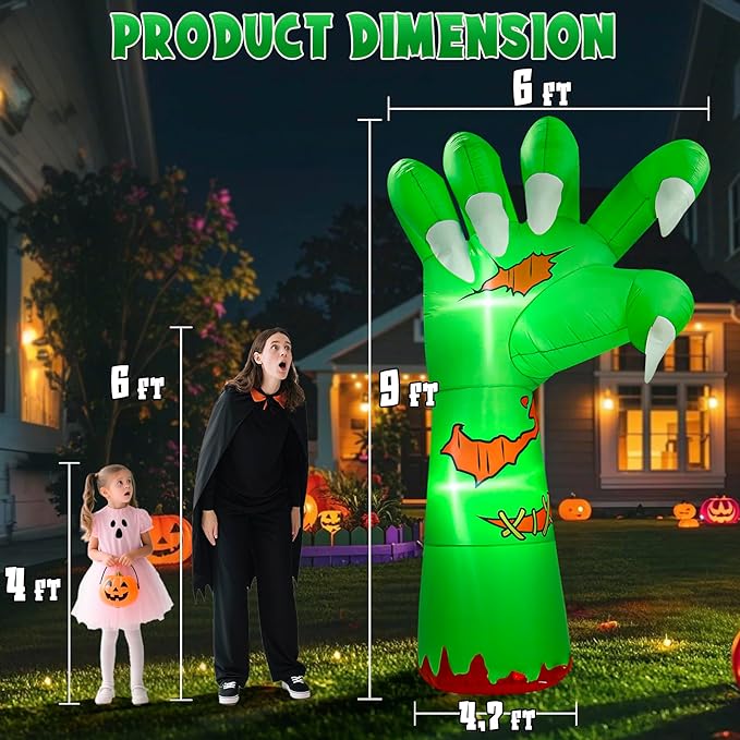 Halloween Inflatables, 9Ft Monster Hand Decorations, Scary Blow Up inflatables with Built-in LEDs, Blood Wound Lighted Yard Decorations, for Indoor Outdoor Holiday Yard Garden Lawn
