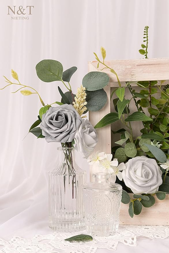 N&T NIETING Roses Artificial Flowers, 50Pcs Fake Flowers Foam Roses with Stems for DIY Wedding Bridesmaid Bridal Bouquets Centerpieces Party Home Decoration Baby Shower, Silver White and Silver Grey