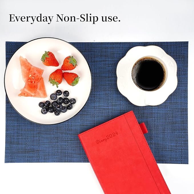 Zupro Placemats Set of 4 Washable Heat-Resistant Non Slip Braided Table Mats Woven PVC Vinyl Kitchen Dining Patio Table Place Mats for Dinner Parties BBQs Indoor and Ourdoor Use.18"x12"(Navy Blue)