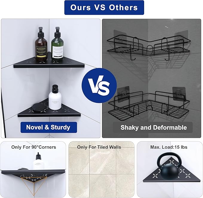 12" Corner Shower Shelf, 1-Pack Shower Shelves SUS304 Stainless Steel Bathroom Shelves for Tile Walls, Recessed Corner Shelf Organizer Rack, No Drilling (Matte Black)