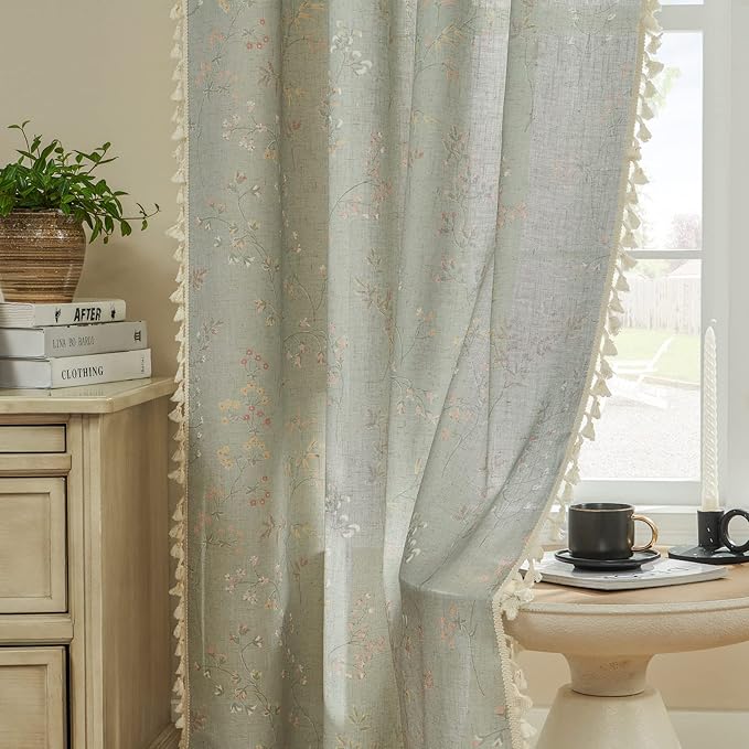 Joydeco Blue Floral Boho Curtains 108 Inches Long 2 Panels, Super Soft Bohemian Farmhouse Curtains with Tassels, Semi Sheer Light Filtering Drapes for Bedroom Living Room (Rod Pocket, 52Wx108L)