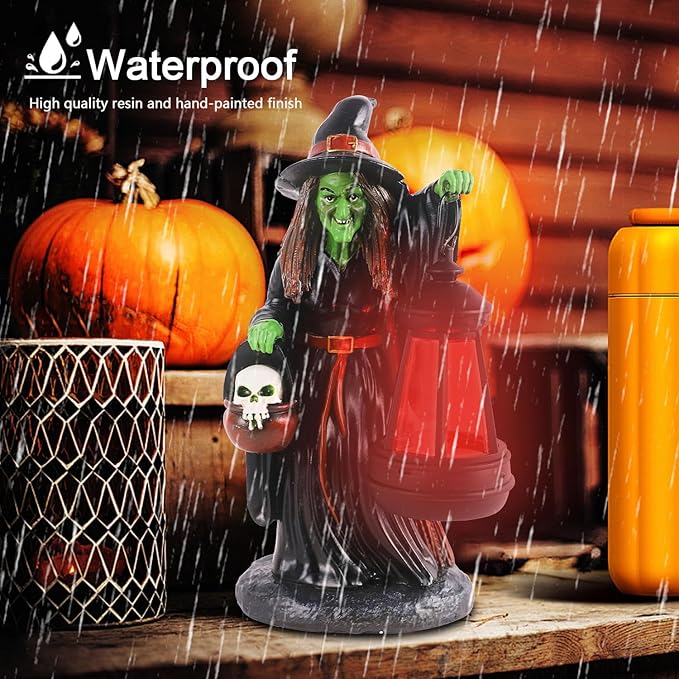 Witch Halloween Decorations with Solar Lantern - Unique Resin Witch Figurine, Ideal Gift for Halloween Lovers, Outdoor Yard Garden Decoration