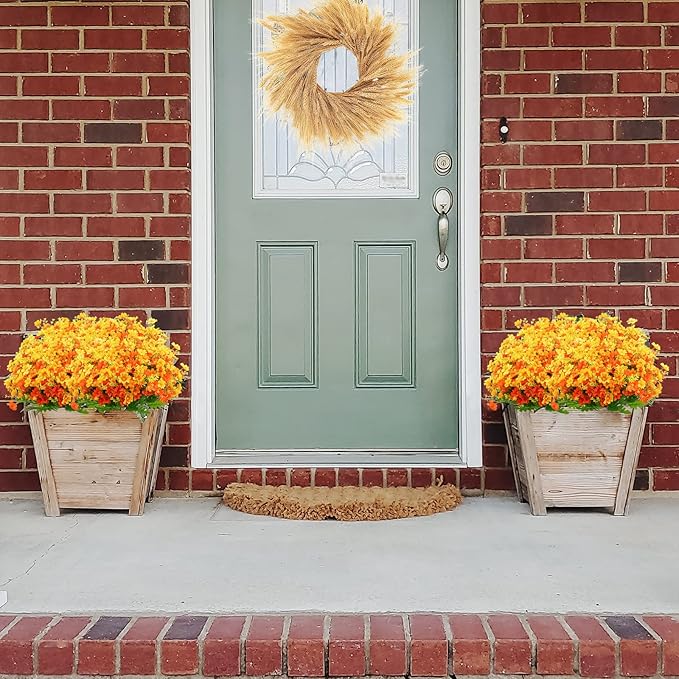 Uieke Artificial Fake Flowers, 6 Bundles Daisy Mums Flowers Outdoor UV Resistant No Fade Greenery Shrubs Plants Indoor Outside Hanging Planter Home Wedding DIY Garden Porch Décor (Orange Yellow)