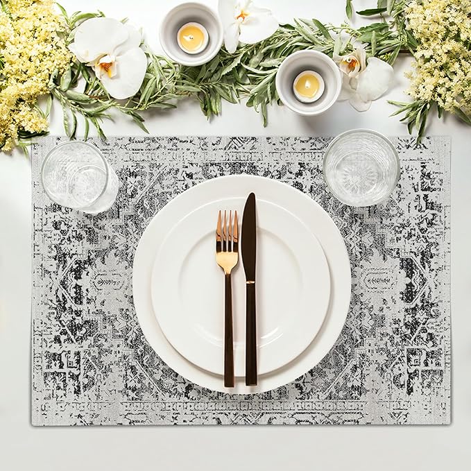 Gray Black Boho Placemats Set of 4 Ethnic Bohemian Carpet Place Mats Washable Kitchen Dining Vintage Grey Geography Floral Linen Table Mats Stain Heat-Resistant Cloth Tabel for Home Party 12x18 in