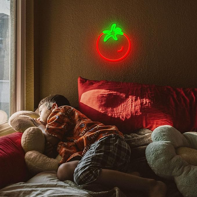 Tomato Neon Sign for Wall Decor,Cute Fruit LED Neon Light 9.4 * 10.2 inch Dimmable USB Kawaii Small Tomato Light Up Sign for Boys Girls Room Restaurant Birthday Party barn