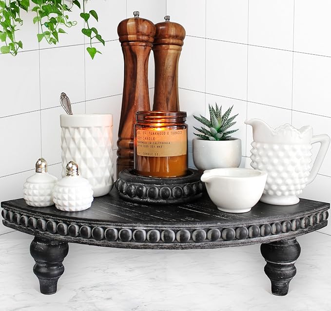 Corner Pedestal Stand Rustic Decor Riser for Display - Farmhouse Wood Rounded Beaded Tray for Kitchen and Bathroom Countertop Organizer, Coffee Bar, Plant Stand with Removable Feet (Rustic Black)