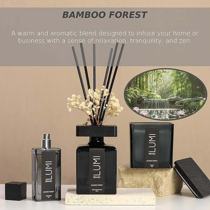 Luxury Aroma Set | Scented Reed Diffuser (200ml), Scented Wood Wick Soy Candle (200g), Aroma Room Spray (50ml), Includes Dried Flowers, 8 Reed Sticks - Home Fragrance Gift Set (Bamboo Forest)