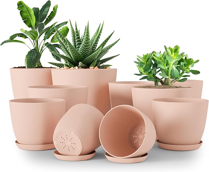 Utopia Home - Plant Pots Indoor with Drainage - 7/6.6/6/5.3/4.8 Inches Home Decor Flower Pots - Plastic Planters for Indoor Plants, Cactus, Succulents Pot (Pink, Pack of 10)