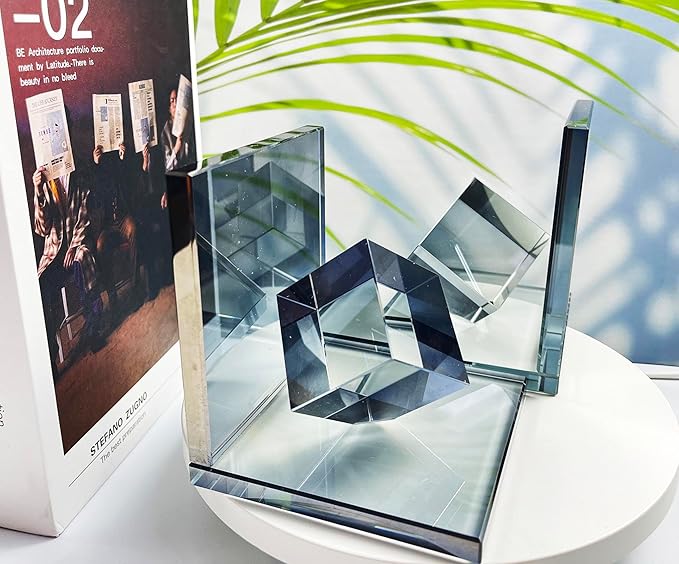 Crystal Bookends Decorative Glass Book Holders Heavy Duty Book Ends with Cube for Shelf Decor Unique Book Stopper Gray