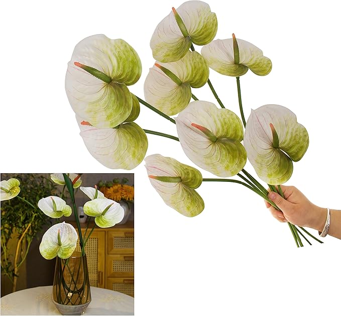 10pcs Artificial Anthurium,28 Inch Faux Tropical Plants Tailflowers,Realistic Flamingo Flower for Home Decor Centerpiece Wedding Bouquet Bonsai,Whitish Green