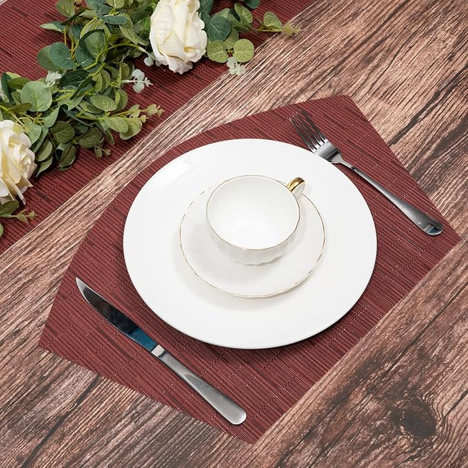 SHACOS Small Round Table Placemats Set of 4 Wedge Placemats Burgundy Red Heat Resistant Table Mats Wipe Clean (4, Burgundy Red)