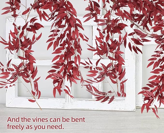 Fake Hanging Willow Leaves Vines 4Pcs 5.7Ft Artificial Willows Vine Twigs Silk Leaf Ivy Faux Greenery Fall Garland Indoor Outdoor Valentines Day Wedding Birthday Thanksgiving Party Decor(Burgundy)