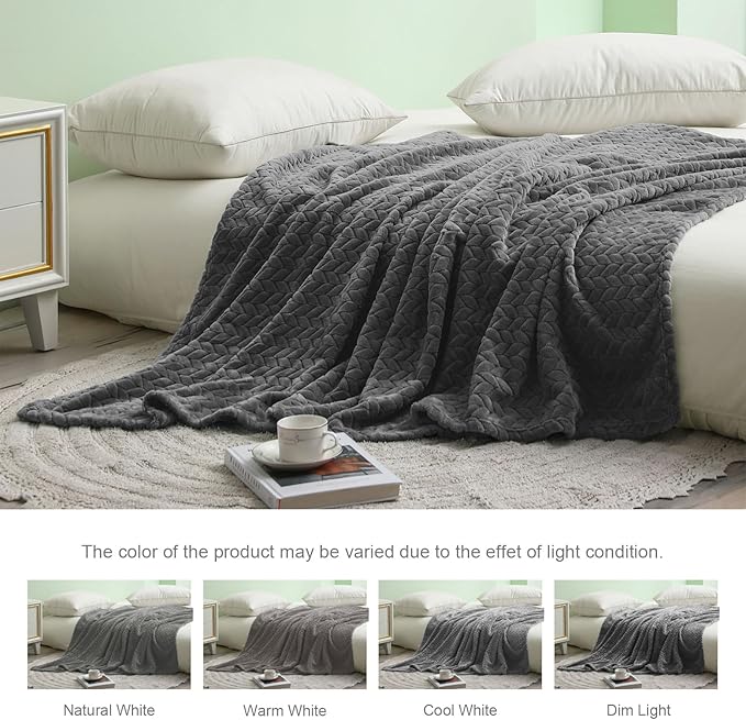 Exclusivo Mezcla Dark Grey Fleece Twin Size Blanket for Bed, 90x66 Inches Soft Cozy Jacquard Flannel Blankets, Lightweight Fuzzy Plush Warm for All Seasons