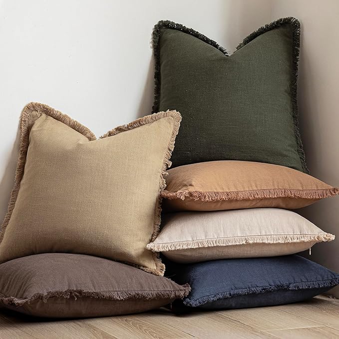 Foindtower Set of 2 Decorative Linen Fringe Throw Pillow Covers Farmhouse Cushion Cover with Tassels Soft Accent Pillowcase for Couch Chair Sofa Bed Living Room Home Decor,18×18 Inch,Light Khaki Taupe