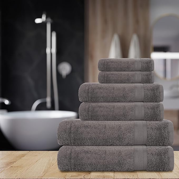 Quick-Dry, Soft & High Absorbent Bath Towels Cotton Turkish Bath Towel Set of 6 | Daily Use 100% Cotton Towels for Bathroom, Gym & More | Bathroom Towels Set (6 Pcs, Grey)