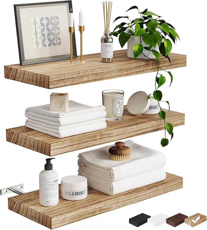 Greenual 3 Packs Floating Shelves, Nature Wood Wall Shelf, 16" Mounted for Kitchen, Living Room, Bedroom, Bathroom Storage, Book Shelf for Home Decor, Frame Display