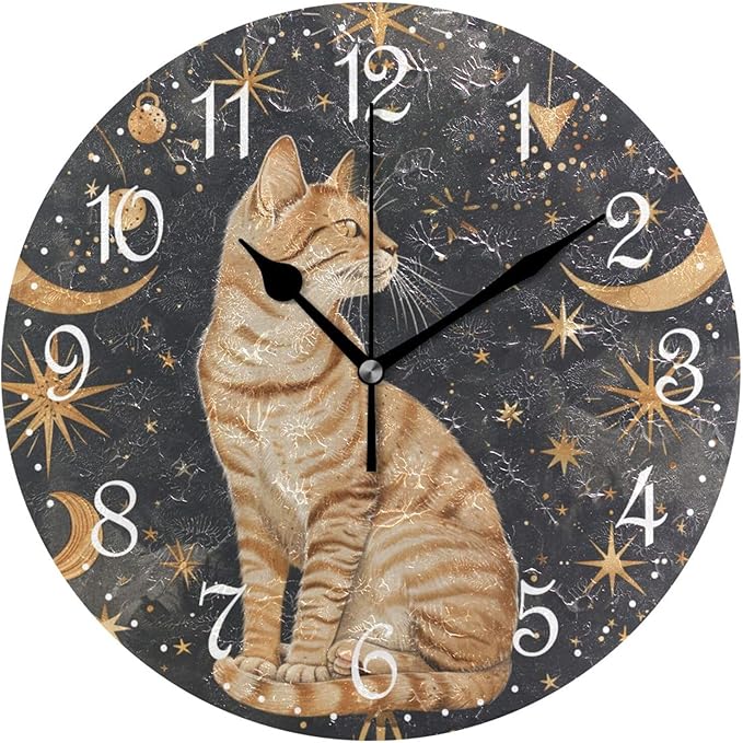 ALAZA Wall Clock Moon Star Cat Silent Non-Ticking Decorative Wall Clocks Battery Operated 10 Inch for Home Living Room Kitchen Bathroom Bedroom