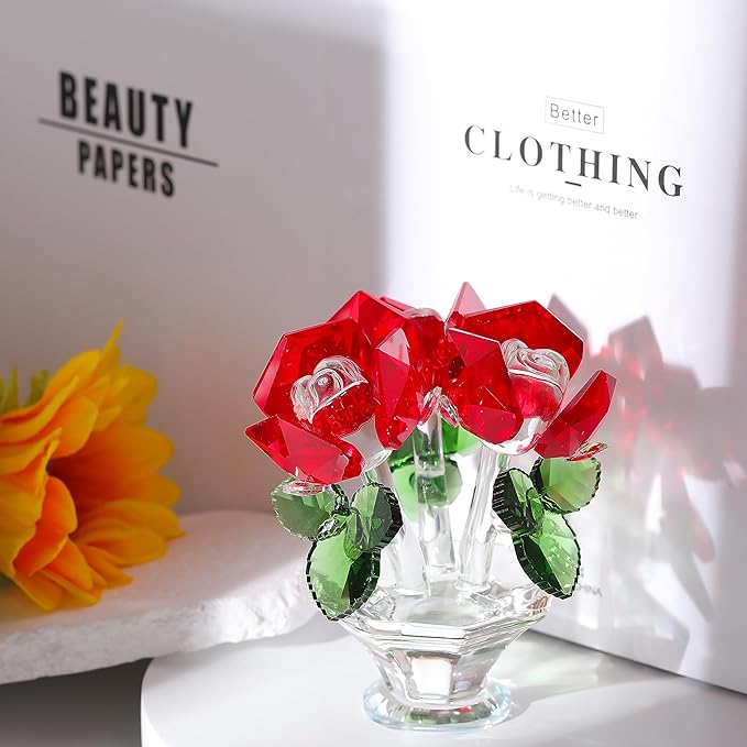 Red Rose Flower Crystal Figurine with Vase, Handmade Bouquet Flowers Gifts for Wife Girlfriend Women Ornament , Crystal Flower Collectible Home Table Decor for Valentine's Day Wedding Anniversary