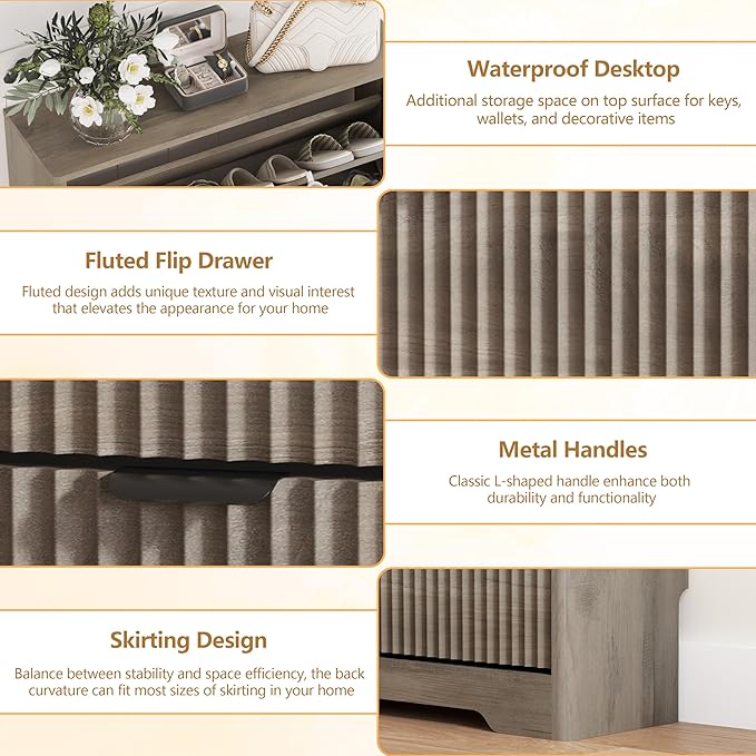 Shoe Cabinet Storage for Entryway with 4 Flip Drawers, Grey Fluted Shoe Cabinet with Adjustable Shelves, Wooden Hidden Shoes Rack Freestanding Narrow Slim Shoes Storage for Hallway, Entrance