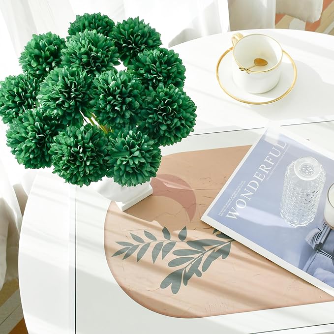 Mandy's Dark Green Artificial Ball Chrysanthemum 12 Stems Faux Flowers with Bendable Stems for DIY Wedding Centerpiece Fall Decor Home Arrangements