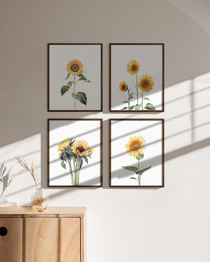 HAUS AND HUES Sunflower Wall Decor and Sunflower Posters Set of 4 Sunflower Set Collage Bedroom Decor Sunflower Paintings for Wall Yellow Wall Art Decor Sunflower Decor (8x10, FRAMED Walnut)