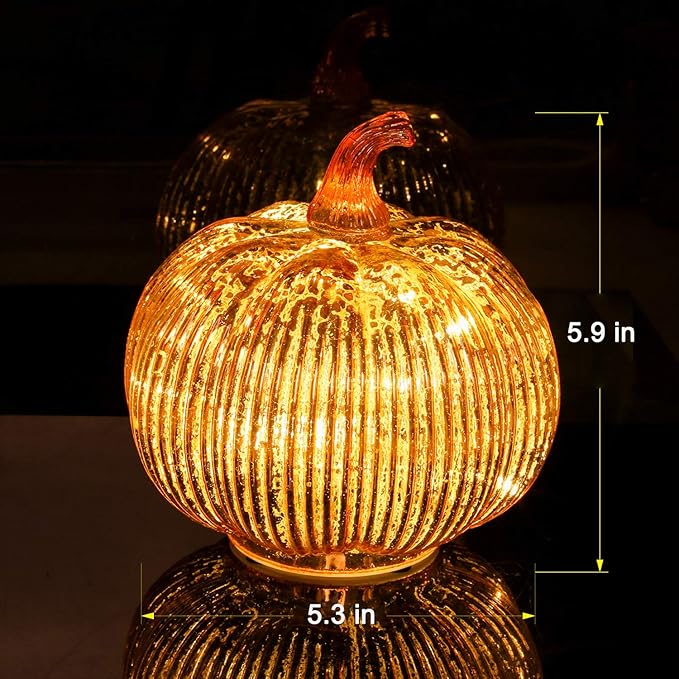 Mercury Glass Light up Pumpkin with Timer- Fall Decoration for Home-Lamps for Festive Decoration-Halloween Decorations (Gold)