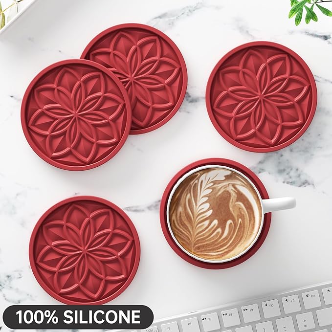 HFHOME Silicone Coasters Set with Holder - 6 Pack Drink Coasters for Coffee Table, Bar, Desk - Tabletop Protection Gift - Red