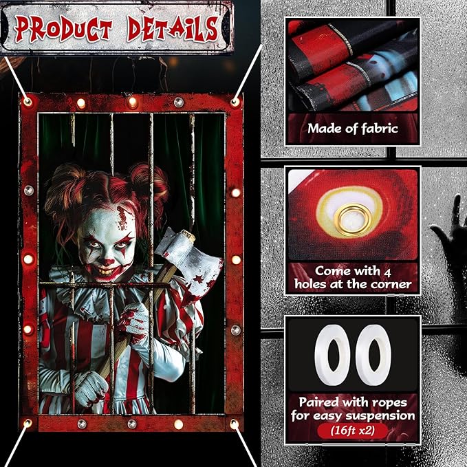 2 Pcs Halloween Clown Scary Curtain Halloween Window Silhouette Decoration Blood Ghost Window Cover Horror Theme Window Poster for Indoor Outdoor Party Wall Garage Door Decor