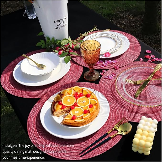 FunWheat Round Braided Placemats Set of 8 Place mats for Dining Tables Woven Heat Resistant Table Mats 15 inch(Raspbreey Wine,8pcs)