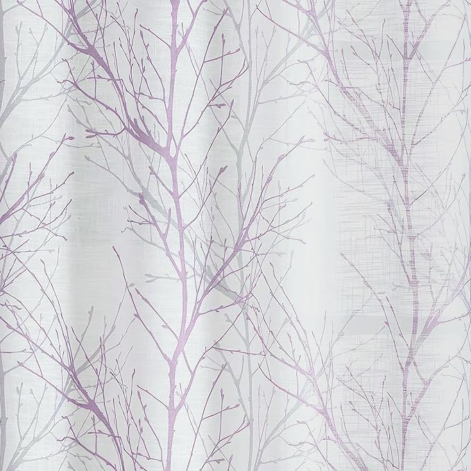 FMFUNCTEX Linen Semi Sheer Curtains for Bedroom, Lilac White Curtains 63 Inches Long for Living Room, Grey Tree Branch Patterned Curtain Light Filtering Farmhouse Window Drapes, Grommet Top 2 Panels