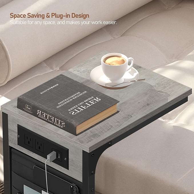 TUTOTAK C Shaped End Table with Charging Station, Side Table for Sofa, Couch Table with Storage Bag, Set of 2, TV Tray Table with 2 USB Ports and Outlets for Living Room, Bedroom, TB01BG0242