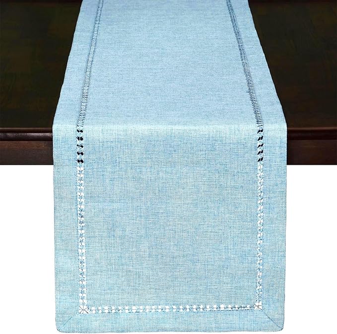 Grelucgo Handcrafted Solid Color Dining Table Runner, Dresser Scarf, Double-Hemstitched (Light Blue, 14 x 48)