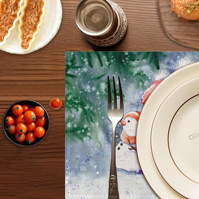Christmas Placemats Set of 6,Washable Heat Resistant 12×18 Inch Linen Table Mats Snowmen Place Mats for Party Outdoor Dining Décor