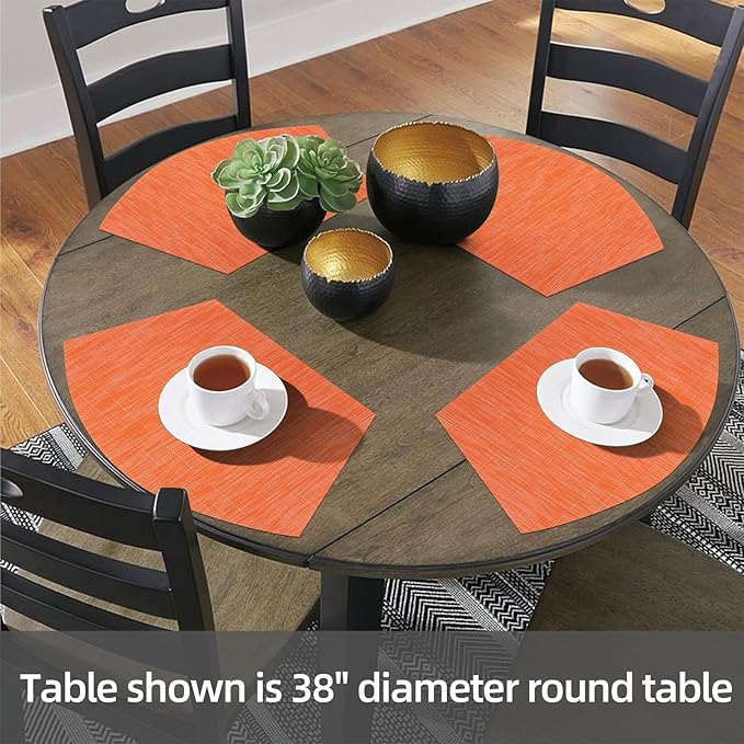 SHACOS Small Round Table Placemats Set of 4 Wedge Placemats Heat Resistant Woven Vinyl Table Mats Wipe Clean (4, Orange)