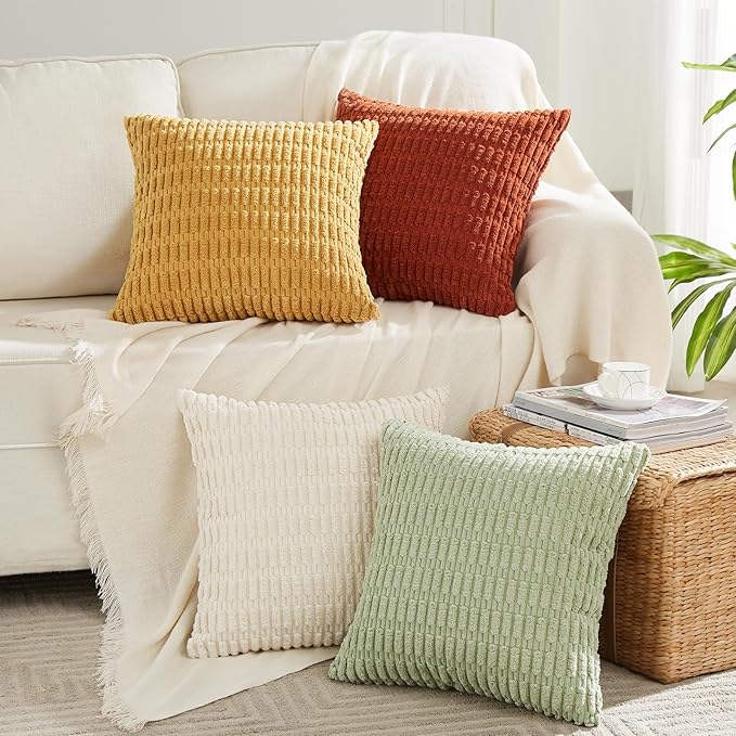 Fancy Homi 4 Packs Boho Fall Euro Decorative Throw Pillow Covers 28x28 Inch for Living Room Couch Bed, Rustic Farmhouse Home Decor, Soft Plush Striped Corduroy Square Colorful Cushion Case 71x71 cm