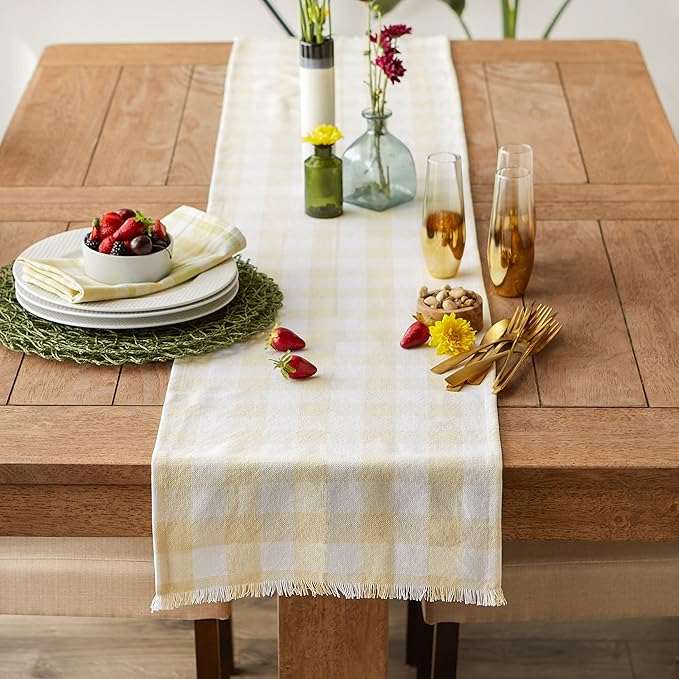 DII Heavyweight Fringed Check Tabletop Collection, Table Runner, 14x108, Natural